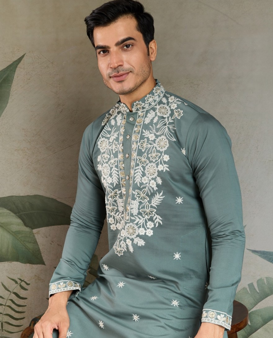 61323-green - Pista Green Thread & Sequence Hand Embroidered Men’s Kurta Set